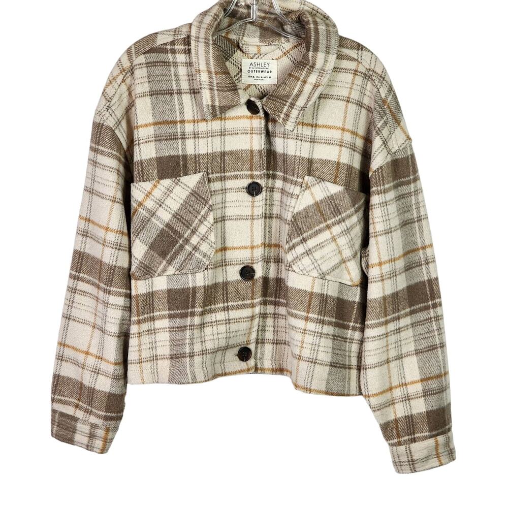 Plaid Wool Blend Barn Jacket XL Cropped Shacket Neutral Cabincore Western - Picture 2 of 11